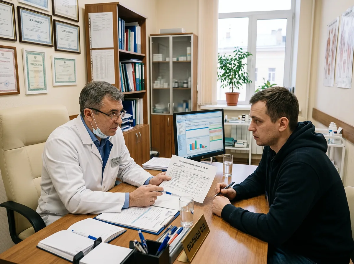 Врач-нарколог консультирует пациента в медицинском кабинете, обсуждая план лечения синдрома отмены